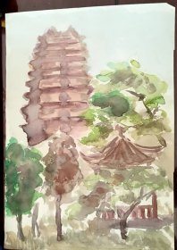 西安美院流出_80年代水彩画1幅（西安小雁塔风景。.
