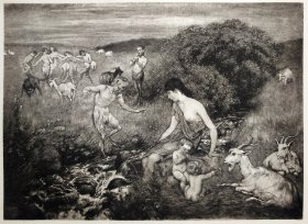 【汉斯·托马】1922年 铜版画 照相凹版《溪流边的美女 孩童 Dammerungszauber》附资料页