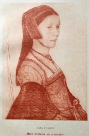 1885年 石版画《约翰·莫尔的妻子 安妮 ，ANNE CRESACRE WIFE OF JOHN MORE》源自 德国画家 小汉斯·荷尔拜因（HANS HOLBEIN）作品、弗朗茨·汉恩斯坦印制、德国吉满纸业手工纸印制、纸张47*34厘米