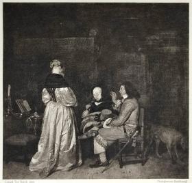 1888年“馆藏系列铜版画-阿姆斯特丹国家博物馆 ”大幅面照相凹版《勇敢的对话，The Gallant Conversation》-出自 巴洛克艺术家 杰拉德·特·博奇(Gerard ter Borch)作品（纸张开本43.5*34.5厘米）