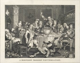 1824年 铜版画 雕刻凹版《A MIDNIGHT MODERN CONVERSATION》 -出自 英国艺术家 威廉·荷加斯(William Hogarth)作品，雕刻：托马斯·库克