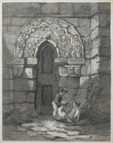 1814年 钢版画 雕刻凹版  中式拓裱《SOUTH DOOR MITFORD CHURCH》- 出自 英国艺术家 卢克·克莱内尔（LUKE CLENNELL）作品，英国版画家 约翰-格里格 （John Greig）雕刻印制； 版画印制于印度纸，中式拓裱于皇室纸上(super royal paper)，纸张37x26cm