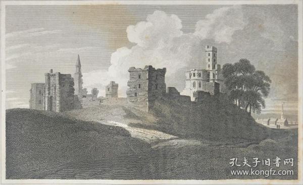 1814年 钢版画 雕刻凹版 中式拓裱《沃克沃斯城堡 WARKWORTH CASTLE,NORTHUM BERLAND》-出自 英国艺术家 卢克·克莱内尔（LUKE CLENNELL）作品，英国版画家 约翰-格里格 （John Greig）雕刻印制； 版画印制于印度纸，中式拓裱于皇室纸上(super royal paper)，纸张37x26cm