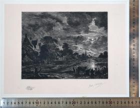 【Epreuve d'Artiste 艺术家自留签名版】1888年蚀刻铜版画《月光下的风景，Landschap bij maanlicht》-原作 荷兰画家 阿尔特·范·德·内尔（Aert van der Neer）、蚀刻 荷兰艺术家威廉·斯迪林克(Willem Steelink,Jr.)、纸张56x40厘米