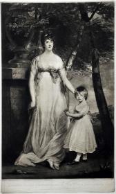 【限量300】1922年 美柔汀铜版画 照相凹版《乔治亚娜·夏洛特与乔蒙德利 GEORGIANA CHARLOTTE GRAFIN CHOLMONDELEY》-原作 英国画家约翰·霍普纳，弗朗茨·汉恩斯坦印制，纸张49x35厘米