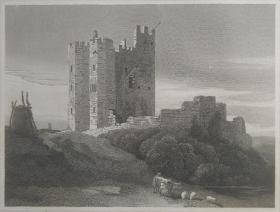 1814年 钢版画 雕刻凹版  中式拓裱《博思韦尔城堡 BOTHALL CASTLE》- 出自 英国艺术家 卢克·克莱内尔（LUKE CLENNELL）作品，英国版画家 约翰-格里格 （John Greig）雕刻印制； 版画印制于印度纸，中式拓裱于皇室纸上(super royal paper)，纸张37x26cm