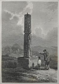1814年 钢版画 雕刻凹版 中式拓裱《诺森伯兰郡,伍勒附近的纪念碑柱 MONUMENTAL PILLAR,NEAR WOOLER》- 出自 英国艺术家 卢克·克莱内尔（LUKE CLENNELL）作品，英国版画家 约翰-格里格 （John Greig）雕刻印制； 版画印制于印度纸，中式拓裱于皇室纸上(super royal paper)，纸张37x26cm