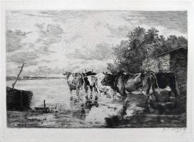 【限量545/600】1883年 法国蚀刻铜版画《饮水的牛 Cows Drinking 》-法国画家 康斯坦·特罗雍（Constant Troyon）作品,三面毛边纸 45*32厘米