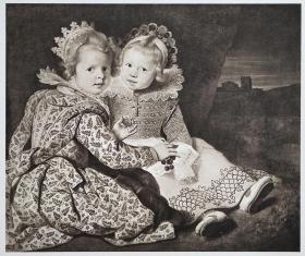 【附资料页】1900年德国铜版画 照相凹版《牛奶姐妹 The milk sisters》-比利时画家 科利斯·德·沃斯（CORNELIS DE VOS）作品，纸张49 x 36.8厘米