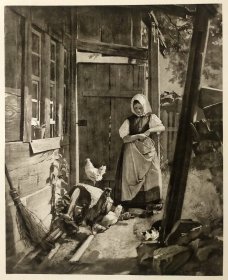 【汉斯·托马】1922年 铜版画 照相凹版《喂食，Das Ubrenmacher：haus》附资料页，汉斯·托马（Hans Thoma）德国画家，原作创作于1862年