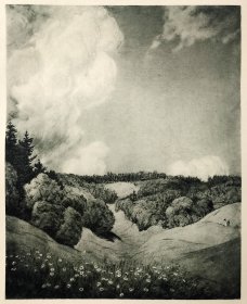 【汉斯·托马】1922年 铜版画 照相凹版《仲夏时节 Hochsommer》附资料页，汉斯·托马（Hans Thoma）德国画家