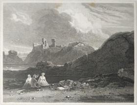 1814年 钢版画 雕刻凹版 中式拓裱《邓巴城堡 DUNBAR CASTLE》-出自 英国艺术家 卢克·克莱内尔（LUKE CLENNELL）作品，英国版画家 约翰-格里格 （John Greig）雕刻印制； 版画印制于印度纸，中式拓裱于皇室纸上(super royal paper)，纸张37x26cm