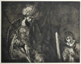[伦勃朗] 1906年铜版画 照相凹版《大卫为扫罗王弹琴 David harping before Saul》39.6*29.8cm