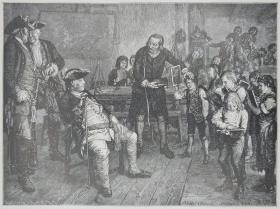 1888年 木口木刻 版画《弗里德里希-威廉一世参观乡村学校，FRIEDRICH WILHELM I. VISITS THE VILLAGE-SCHOOL》-源自 德国画家 阿道夫·冯·门采尔（Adolph von Menzel）作品