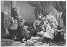 1867年 钢版画 雕刻凹版《文士为亚哈随鲁读经，SCRIBES READING TO AHASUERUS》