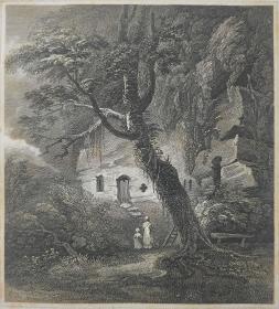 1814年 钢版画 雕刻凹版 中式拓裱《沃克沃斯修道院 WARKWORTH HERMITAGE》-出自 英国艺术家 卢克·克莱内尔（LUKE CLENNELL）作品，英国版画家 约翰-格里格 （John Greig）雕刻印制； 版画印制于印度纸，中式拓裱于皇室纸上(super royal paper)，纸张37x26cm