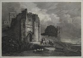 1814年 钢版画 雕刻凹版 中式拓裱《沃克沃斯城堡入口 ENTRANCE TO WARKWORTH CASTLE,NORTHUM BERLAND》-出自 英国艺术家 卢克·克莱内尔（LUKE CLENNELL）作品，英国版画家 约翰-格里格 （John Greig）雕刻印制； 版画印制于印度纸，中式拓裱于皇室纸上(super royal paper)，纸张37x26cm