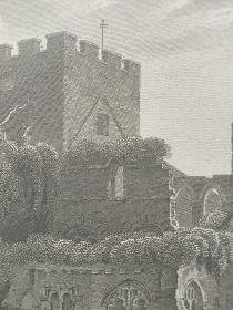 1814年 钢版画 雕刻凹版  中式拓裱《拉纳科斯特修道院 LANERCOST PRIORY》- 出自 英国艺术家 卢克·克莱内尔（LUKE CLENNELL）作品，英国版画家 约翰-格里格 （John Greig）雕刻印制； 版画印制于印度纸，中式拓裱于皇室纸上(super royal paper)，纸张37x26cm
