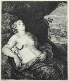 【提香】1872年 德国艺术家 威廉·昂格 蚀刻铜版画 中式拓裱《埃及艳后 Kleopatra》