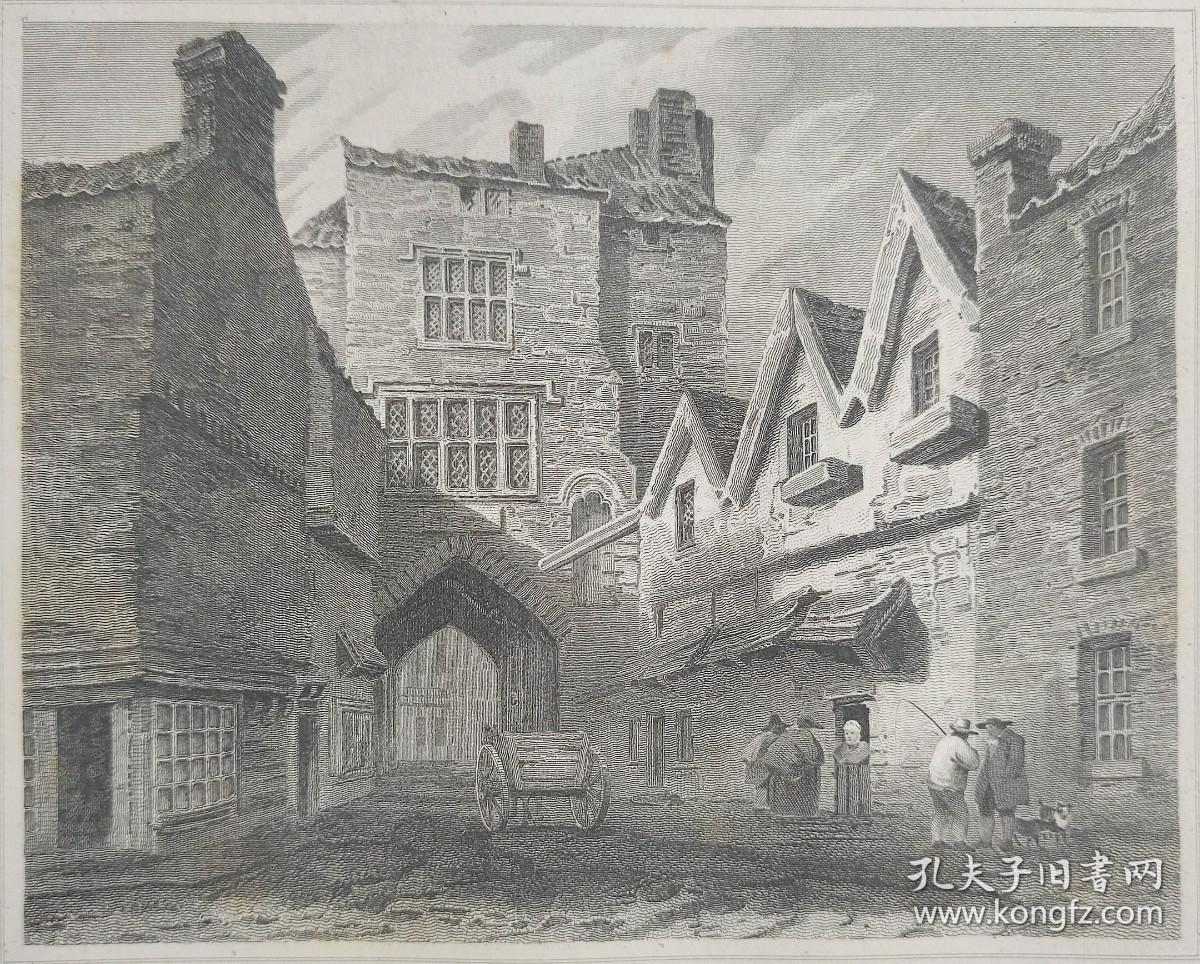 1814年 钢版画 雕刻凹版 中式拓裱《纽卡斯尔城堡入口 ENTRANCE TO THE CASTLE GARTH NEWCASTLE》-出自 英国艺术家 卢克·克莱内尔（LUKE CLENNELL）作品，英国版画家 约翰-格里格 （John Greig）雕刻印制； 版画印制于印度纸，中式拓裱于皇室纸上(super royal paper)，纸张37x26cm