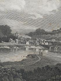 1814年 钢版画 雕刻凹版 中式拓裱《湖泊与桥的景致 LANGHOLM》-出自 英国艺术家 亚历山大·纳史密斯(Alexander·Nasmyth)作品，英国版画家 约翰-格里格 （John Greig）雕刻印制； 版画印制于印度纸，中式拓裱于皇室纸上(super royal paper)，纸张37x26cm