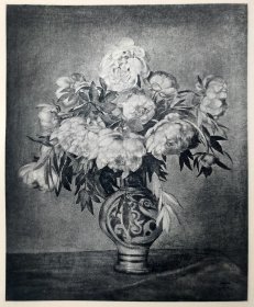 【汉斯·托马】1922年 铜版画 照相凹版《牡丹 Pfingstrosen》附资料页，汉斯·托马（Hans Thoma）德国画家