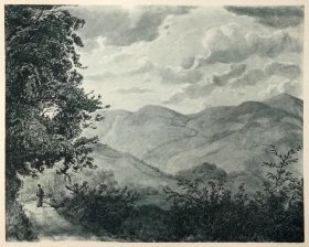 【汉斯·托马】1922年 铜版画 照相凹版《阿尔布山谷自然景观 Albtal bei marxyell》附资料页，汉斯·托马（Hans Thoma）德国画家