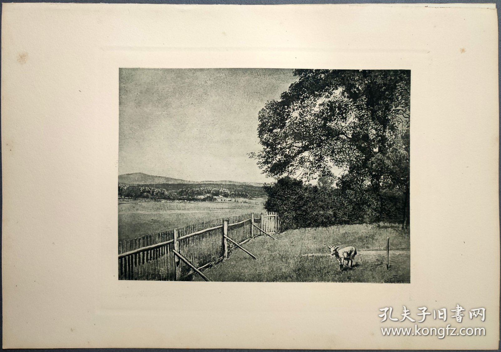 【汉斯·托马】1922年 铜版画 照相凹版《上乌瑟尔的夏天 Sommer in Oberursel》附资料页，汉斯·托马（Hans Thoma）德国画家