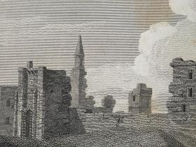 1814年 钢版画 雕刻凹版 中式拓裱《沃克沃斯城堡 WARKWORTH CASTLE,NORTHUM BERLAND》-出自 英国艺术家 卢克·克莱内尔（LUKE CLENNELL）作品，英国版画家 约翰-格里格 （John Greig）雕刻印制； 版画印制于印度纸，中式拓裱于皇室纸上(super royal paper)，纸张37x26cm