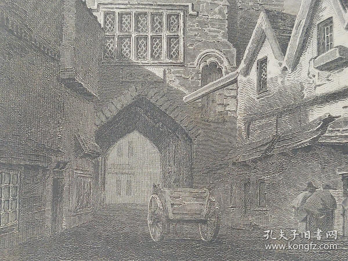 1814年 钢版画 雕刻凹版 中式拓裱《纽卡斯尔城堡入口 ENTRANCE TO THE CASTLE GARTH NEWCASTLE》-出自 英国艺术家 卢克·克莱内尔（LUKE CLENNELL）作品，英国版画家 约翰-格里格 （John Greig）雕刻印制； 版画印制于印度纸，中式拓裱于皇室纸上(super royal paper)，纸张37x26cm