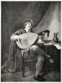 【附资料页】1900年德国铜版画 照相凹版《弹吉他的艺术家自画像 Selbstbildnis des Kunstlers mit der Guitarre》-荷兰画家 扬·斯丁（JAN STEEN）作品，纸张49*36.8厘米