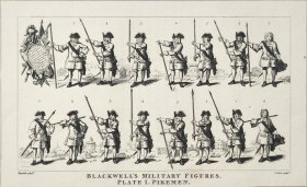 1824年 铜版画 雕刻凹版《BLACKWELL'S MILITARY FIGURES. PALTE 1. PIKEMEN》 -出自 英国艺术家 威廉·荷加斯(William Hogarth)作品，雕刻：托马斯·库克