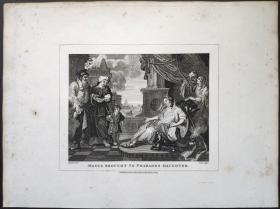1824年 铜版画 雕刻凹版《摩西被带到法老的女儿面前,MOSES BROUGHT TO PHARAOHS DAUGHTER》 英国画家 威廉·荷加斯（William Hogarth）作品