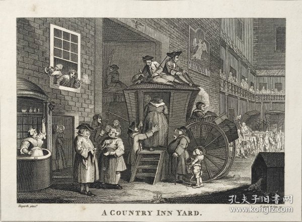 1824年 铜版画 雕刻凹版《A COUNTRY INN YARD》 -出自 英国艺术家 威廉·荷加斯(William Hogarth)作品，雕刻：托马斯·库克