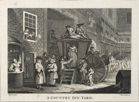 1824年 铜版画 雕刻凹版《A COUNTRY INN YARD》 -出自 英国艺术家 威廉·荷加斯(William Hogarth)作品，雕刻：托马斯·库克