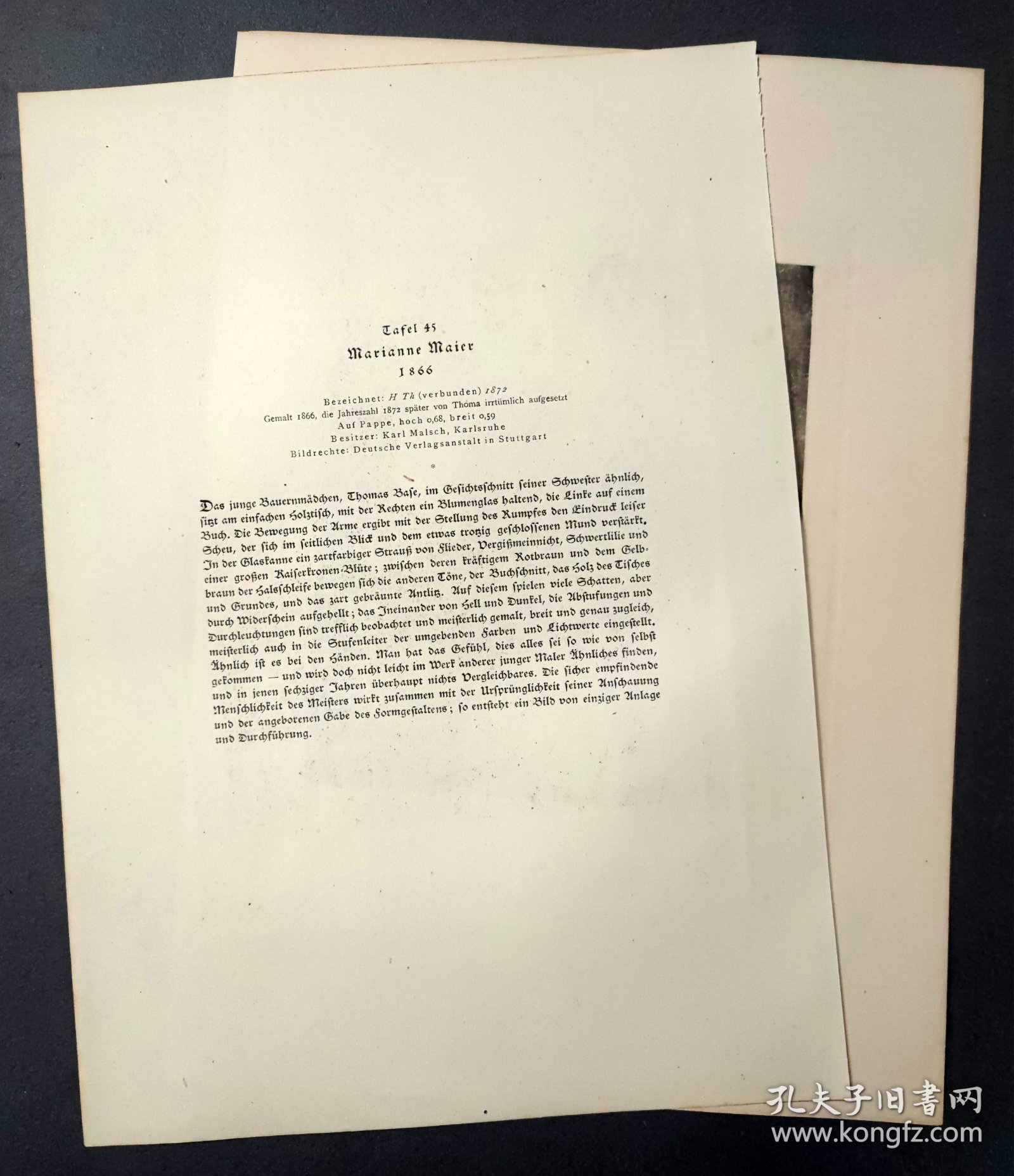 【汉斯·托马】1922年 铜版画 照相凹版《玛丽安·迈尔 Marianne Maier》附资料页，汉斯·托马（Hans Thoma）德国画家