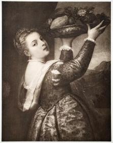 【附资料页】1900年德国铜版画 照相凹版《带着一篮子水果的女孩（拉维尼亚） Des Kunstlers Tochter Lavinia》-意大利画家 提香（TIZIANO VECELLIO）作品，纸张49*36.8厘米