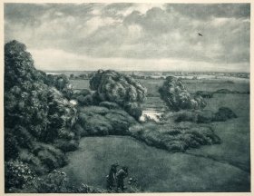 【汉斯·托马】1922年 铜版画 照相凹版《风雨中的风景 Landchaft im Sturm》附资料页，汉斯·托马（Hans Thoma）德国画家