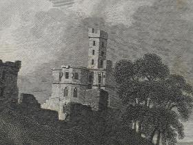 1814年 钢版画 雕刻凹版 中式拓裱《沃克沃斯城堡 WARKWORTH CASTLE,NORTHUM BERLAND》-出自 英国艺术家 卢克·克莱内尔（LUKE CLENNELL）作品，英国版画家 约翰-格里格 （John Greig）雕刻印制； 版画印制于印度纸，中式拓裱于皇室纸上(super royal paper)，纸张37x26cm
