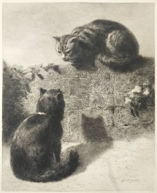 1880年 原创蚀刻版画 《双猫图-罗密欧与朱丽叶》英国19世纪维多利亚时期著名艺术家 埃比尼泽·纽曼·朵纳德 的作品