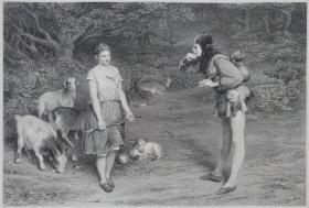 1872年 钢版画 雕刻凹版《小丑试金石与村姑奥德雷，TOUCHSTONE AND AUDREY》-出自苏格兰画家 约翰·比蒂（John Pettie）作品，莎士比亚戏剧《皆大欢喜》版画作品