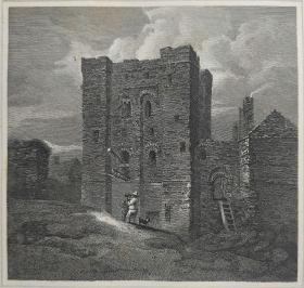 1814年 钢版画 雕刻凹版 中式拓裱《纽卡斯尔城堡 THE CASTLE,AT NEW CASTLE;NORTHUM BERLAND》-出自 英国艺术家 卢克·克莱内尔（LUKE CLENNELL）作品，英国版画家 约翰-格里格 （John Greig）雕刻印制； 版画印制于印度纸，中式拓裱于皇室纸上(super royal paper)，纸张37x26cm