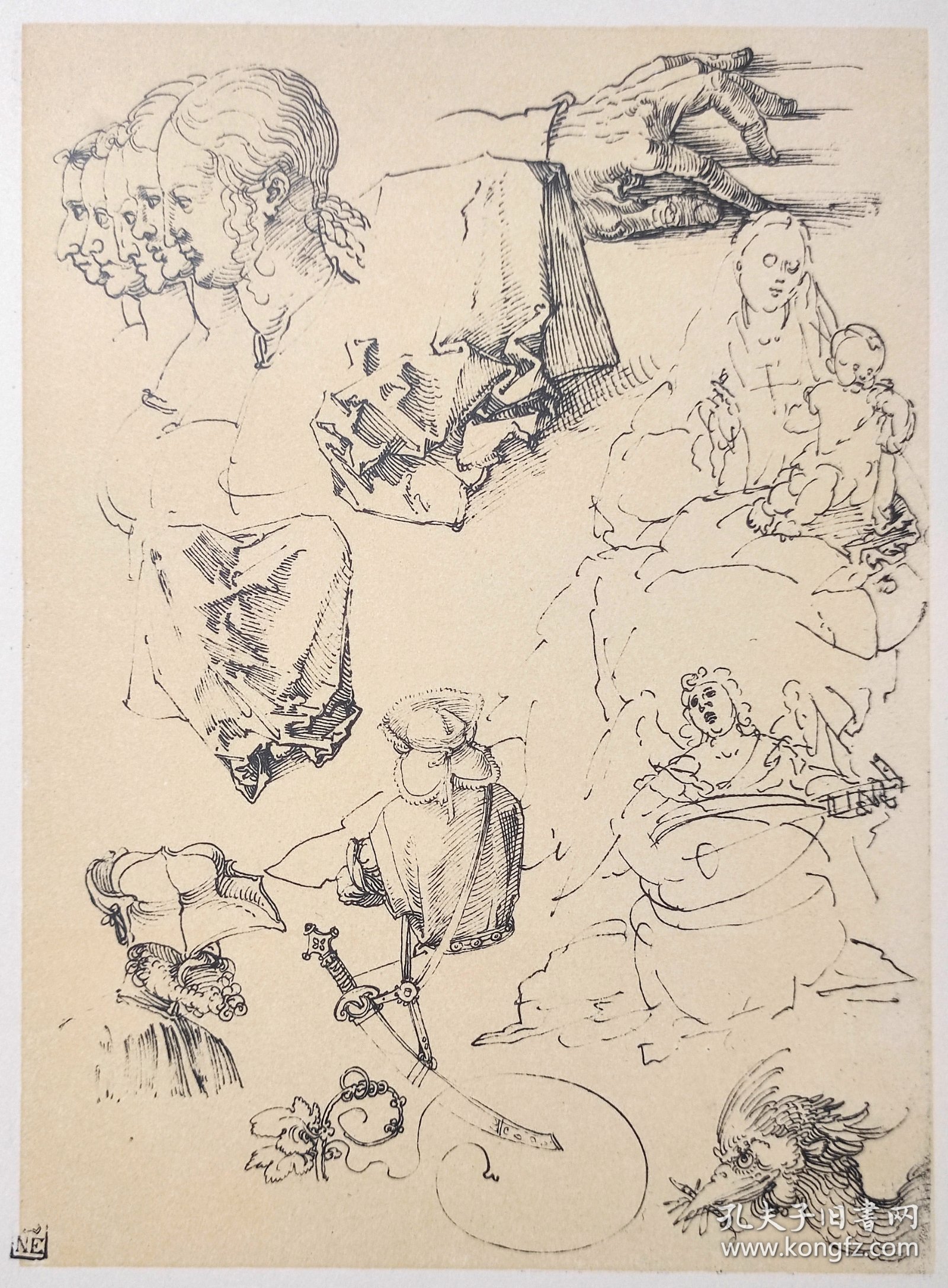 【丢勒】1896年 珂罗版 版画《Feuille d'etude vers 1514》 纸张36.5×29厘米