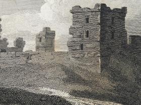 1814年 钢版画 雕刻凹版 中式拓裱《沃克沃斯城堡 WARKWORTH CASTLE,NORTHUM BERLAND》-出自 英国艺术家 卢克·克莱内尔（LUKE CLENNELL）作品，英国版画家 约翰-格里格 （John Greig）雕刻印制； 版画印制于印度纸，中式拓裱于皇室纸上(super royal paper)，纸张37x26cm