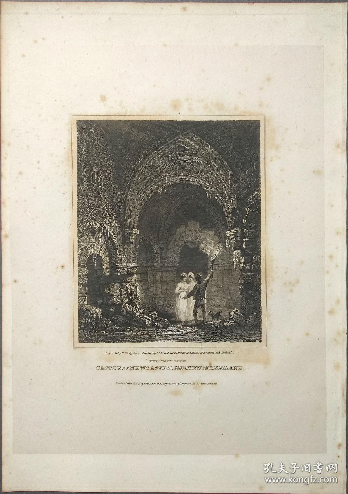 1814年 钢版画 雕刻凹版 中式拓裱《纽卡斯尔城堡 CASTLE AT NEWCASTLE,NORTHUM BERLAND》-出自 英国艺术家 卢克·克莱内尔（LUKE CLENNELL）作品，英国版画家 约翰-格里格 （John Greig）雕刻印制； 版画印制于印度纸，中式拓裱于皇室纸上(super royal paper)，纸张37x26cm