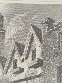 1814年 钢版画 雕刻凹版 中式拓裱《纽卡斯尔城堡入口 ENTRANCE TO THE CASTLE GARTH NEWCASTLE》-出自 英国艺术家 卢克·克莱内尔（LUKE CLENNELL）作品，英国版画家 约翰-格里格 （John Greig）雕刻印制； 版画印制于印度纸，中式拓裱于皇室纸上(super royal paper)，纸张37x26cm