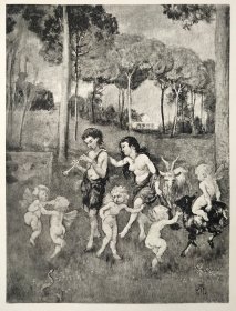 【汉斯·托马】1922年 铜版画 照相凹版《儿童和小天使跳舞 In der Dilla Borghefe》附资料页