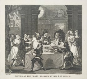 1824年 铜版画 雕刻凹版《SANCHO AT THE FEAST STARVED BY HIS PHYSICIAN》-出自 英国画家 威廉·荷加斯（William Hogarth）作品