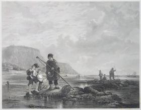 1857年 钢版画 雕刻凹版《年轻的捕虾者，THE YOUNG SHRIMPERS》-出自 英国画家 威廉·柯林斯（William Collins）的作品