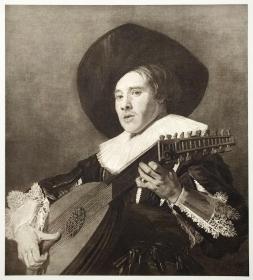 【附资料页】1900年德国铜版画 照相凹版《年轻吉他手 The Young Guitar Player》-荷兰肖像画家 佛兰斯·哈尔斯(Frans Hals)作品，纸张49x36.8厘米